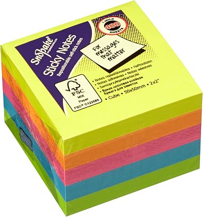 Snopake Neon Sticky Notes 50 x 50 mm Pack 1 400 Sheets Neon Assorted