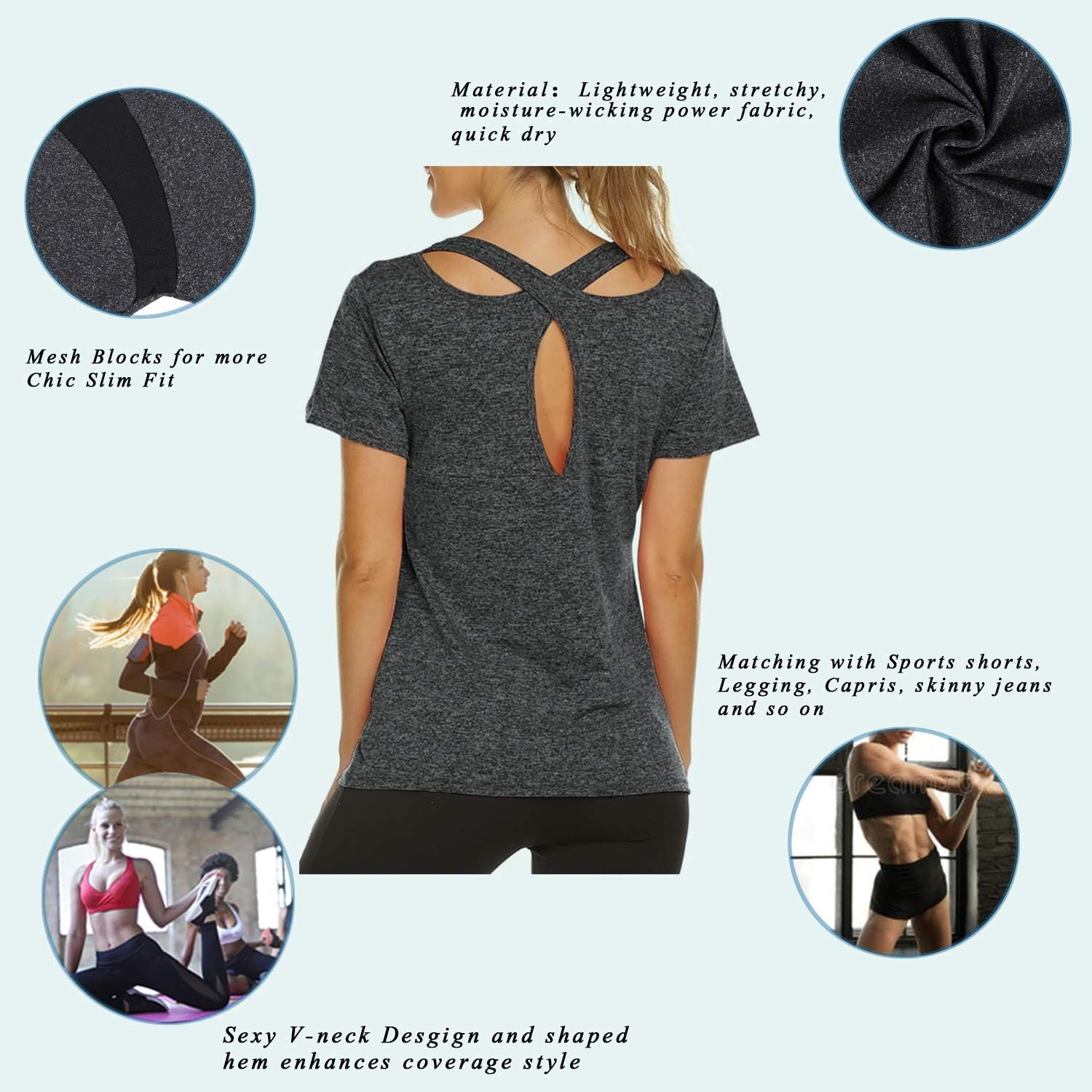 Sykooria T-Shirt Womens Sports Shirt Short Sleeve Quick Dry Elastic Yoga Gym Tshirt Tops: Clothing