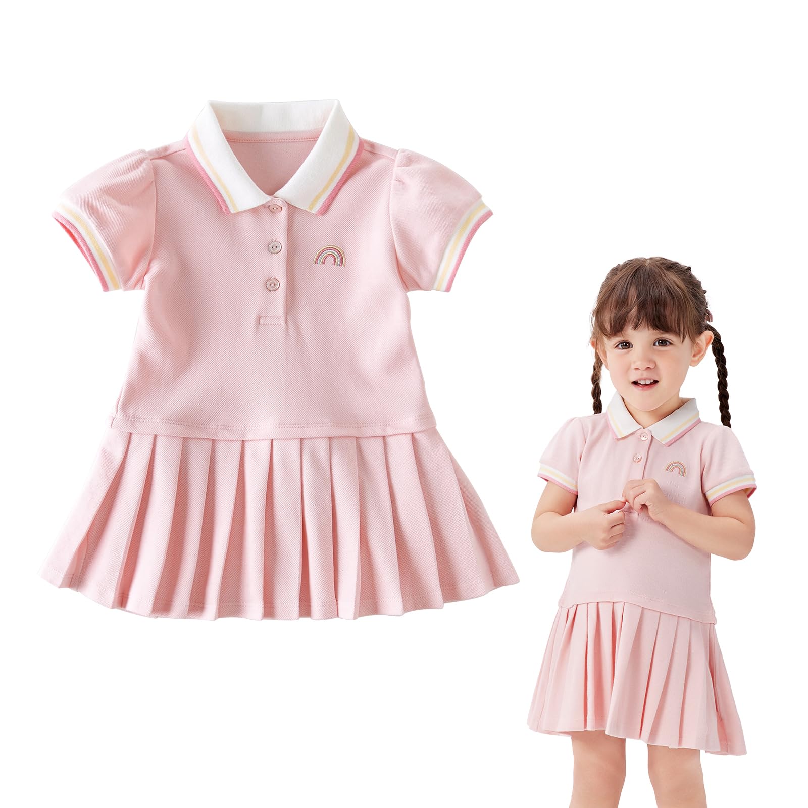 Photo 1 of DAVE&BELLA Toddler Girls Polo Dress Short Sleeve Golf Tennis Dress A-Line Playwear Sundress Cotton Baby Girls' School Uniform B-Pink