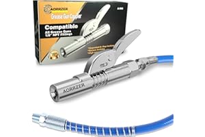 AORRZER Grease Gun Coupler, Strong Lock on Greases Gun Couplers, 12000 PSI Quick Release Grease Coupler with 12" Spring Flex Hose, Compatible with All Grease Guns 1/8" NPT Grease Gun Fitting(1 PCS)