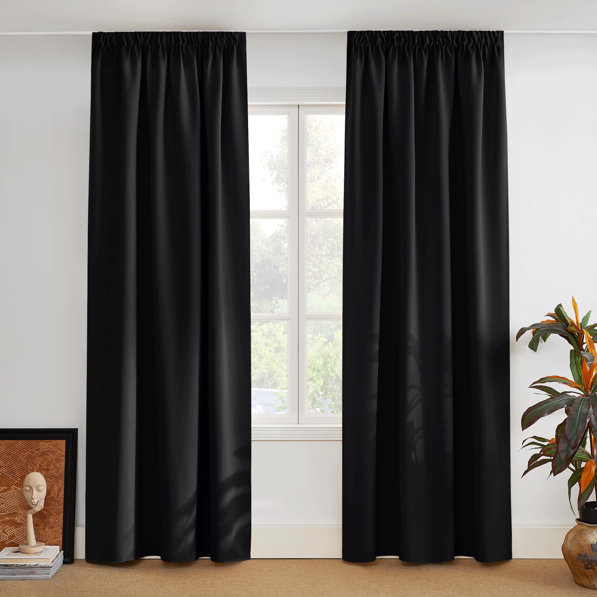 PONY DANCE Blackout Thermal Curtain Draperies - Light Blocking Room Darkening Pencil Pleat Curtain for Halloween Decor Window Treatment Energy Saving, 2 Panels, Black Curtains 90x90 — image 1