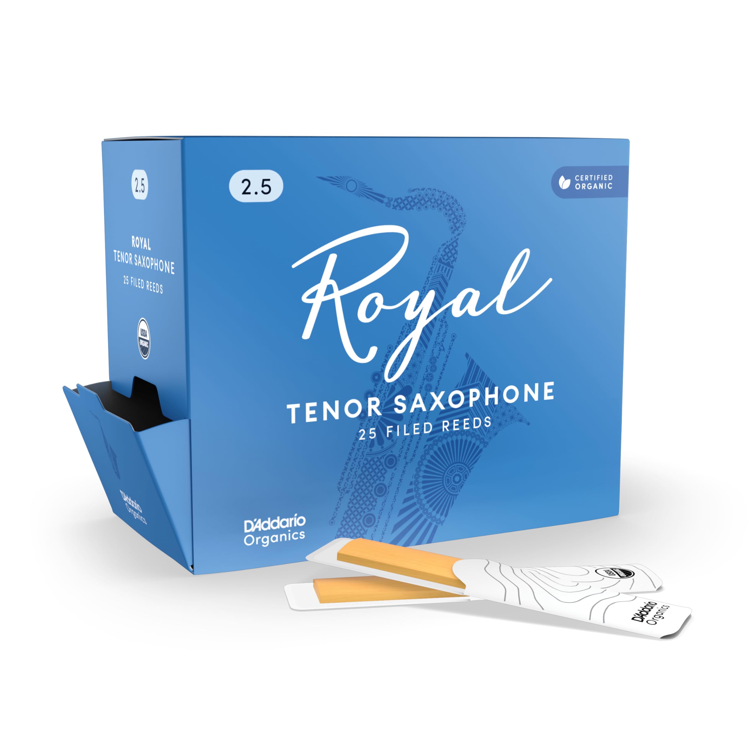 D'Addario Royal Organic Tenor Saxophone Reeds, Strength 2.5, Bulk 25