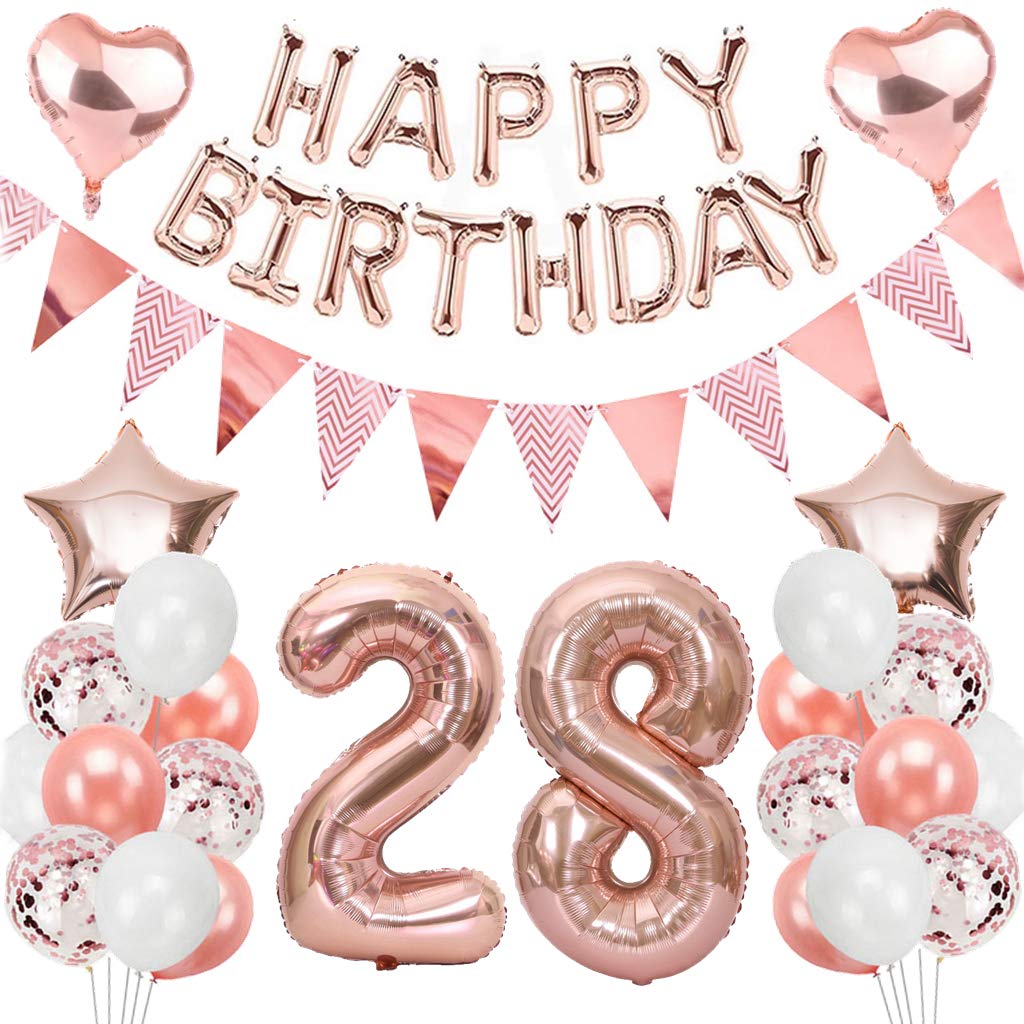 Ouceanwin 28th Birthday Decoration Balloons Rose Gold, Giant Foil Balloons Number 28, Banner Happy Birthday Garland, 28 Years Old Birthday Decoration Supplies for Girls Women Anniversary