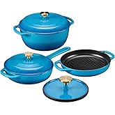 Best Choice Products Non-Stick Pot & Pan Cookware Set, Cast Iron, 2Qt Skillet W/Lid, 10" Grill Or Griddle Pan W/Press, 6Qt Enameled Dutch Oven, Non-toxic, For Cooking & Grilling - Blue