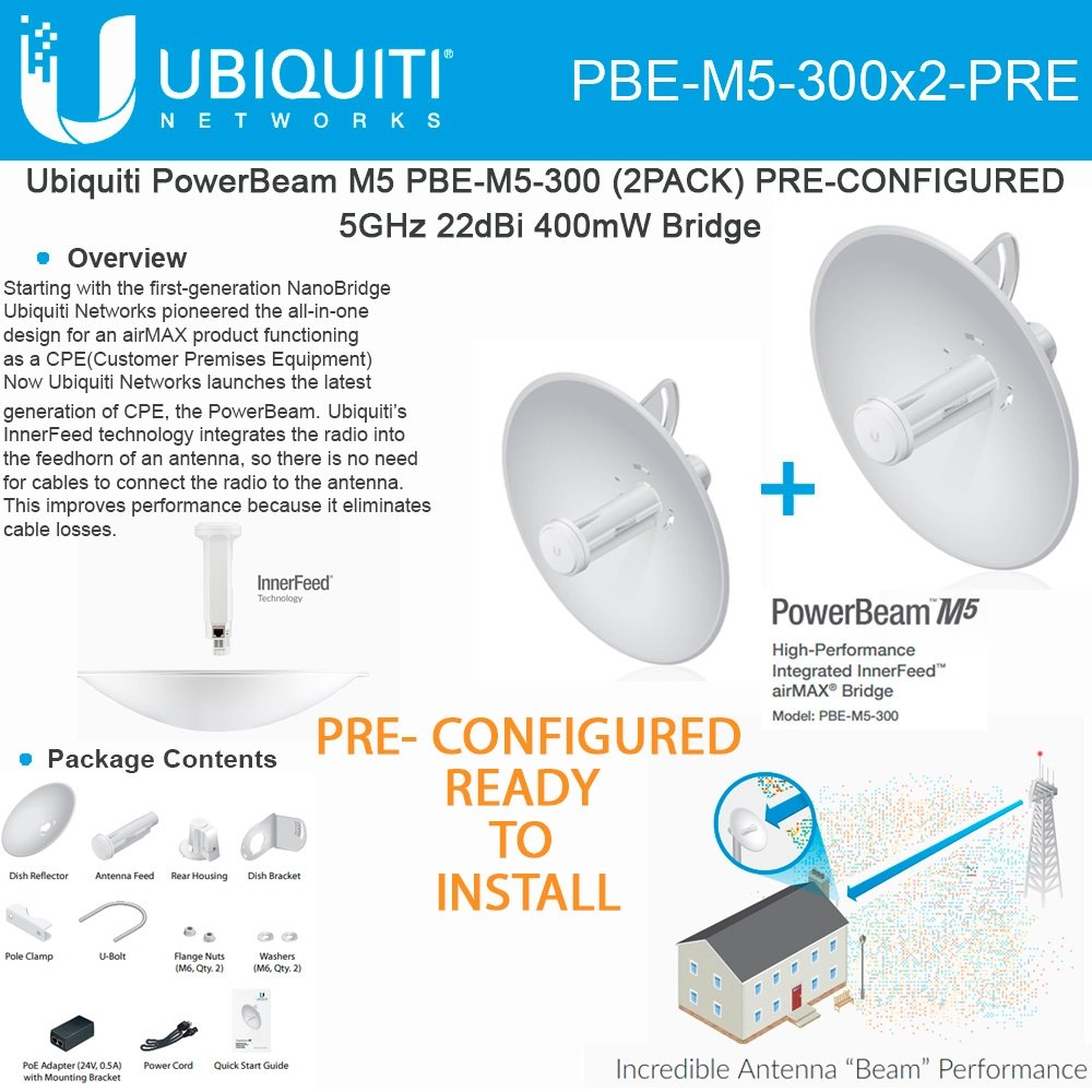 Ubiquiti PowerBeam M5 PBEM5300 2PACK PRECONFIGURED Outdoor High