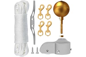 NQ Flagpole Hardware Repair Parts Kit,50 Feet Halyard Rope+3" Gold Ball+6" Zinc Alloy Cleat + 4 Metal Swivel Snap Clips + Aluminum Alloy Flagpole Truck with Nylon Pulley for 1.6"-2" Flag Poles