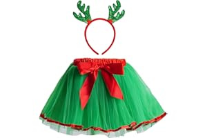 SUMERSHA Christmas Tutu Skirt with Green Reindeer Antler Headband Tulle Princess Ballet Dance Dress Christmas Party Skirt