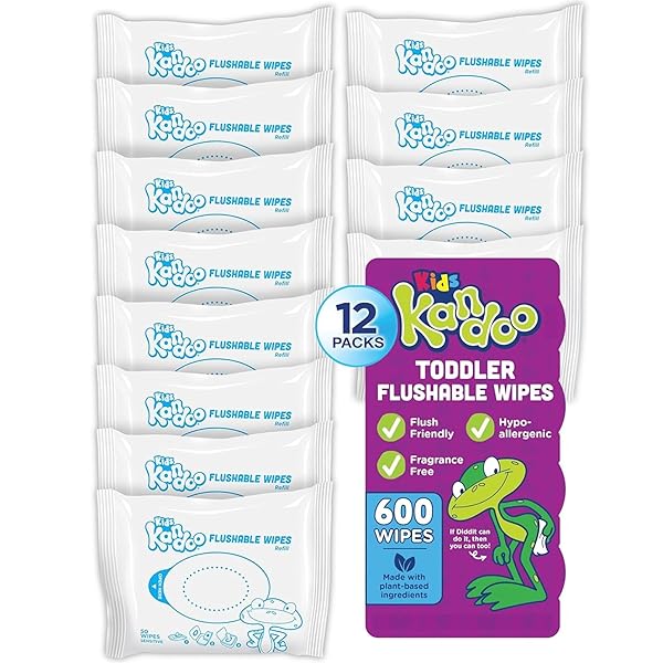 FLUSHABLE WIPES FOR BABY AND KIDS BY KANDOO, SENSITIVE AND UNSCENTED FORMULA, HYPOALLERGENIC POTTY TRAINING WET CLEANSING CLOTHS, 50 COUNT, PACK OF 12