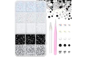 UOTEY 12000 Pcs Resin Jelly Rhinestones for Crafting, Multi Sizes Flatback White Black Gems, Resin Rhinestones Bedazzling Crystal with Pickup Tool for DIY Crafts Clothing Shoes Fabric Nail Art
