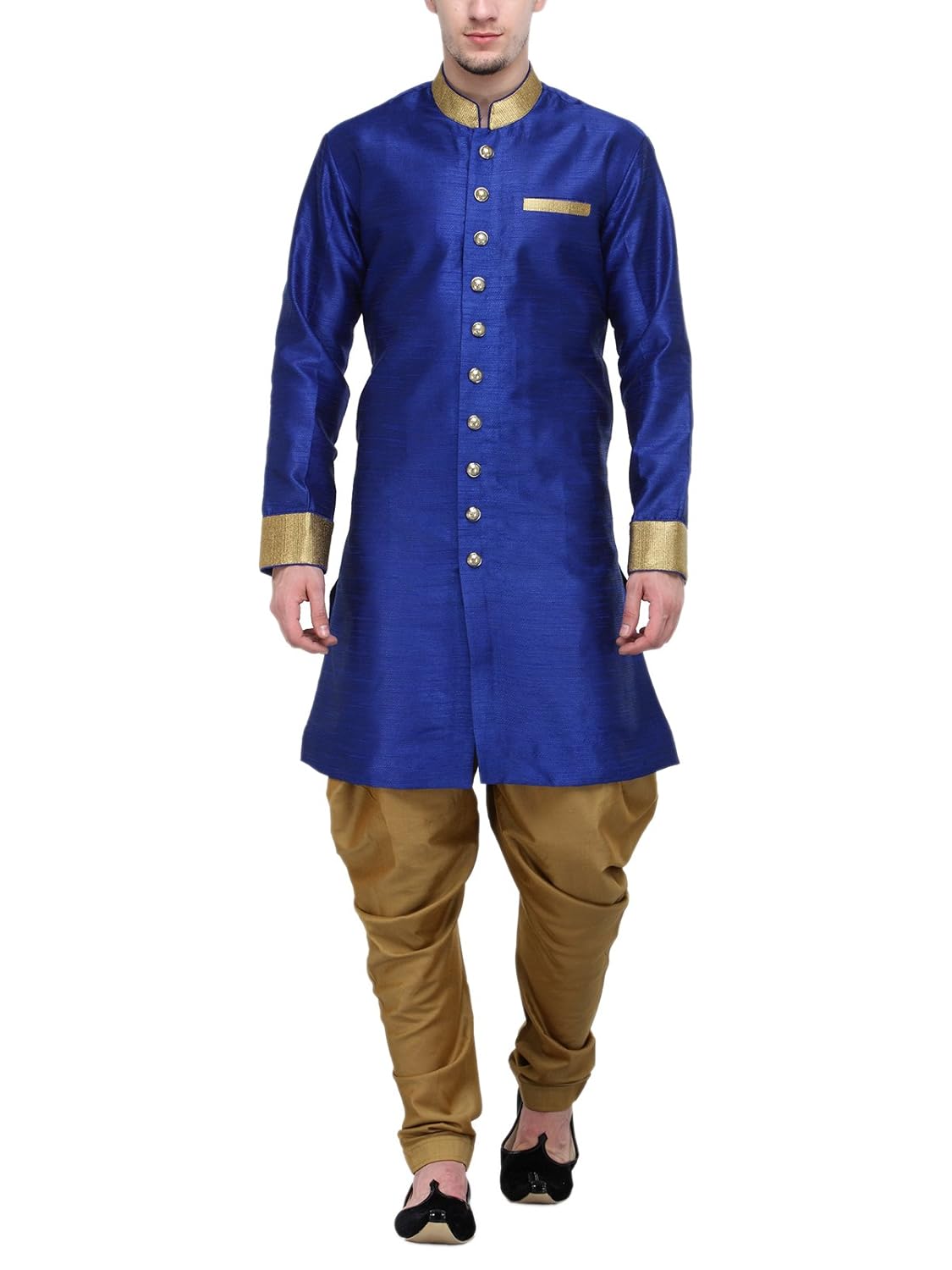 rg designers royal blue and gold plain sherwani for men