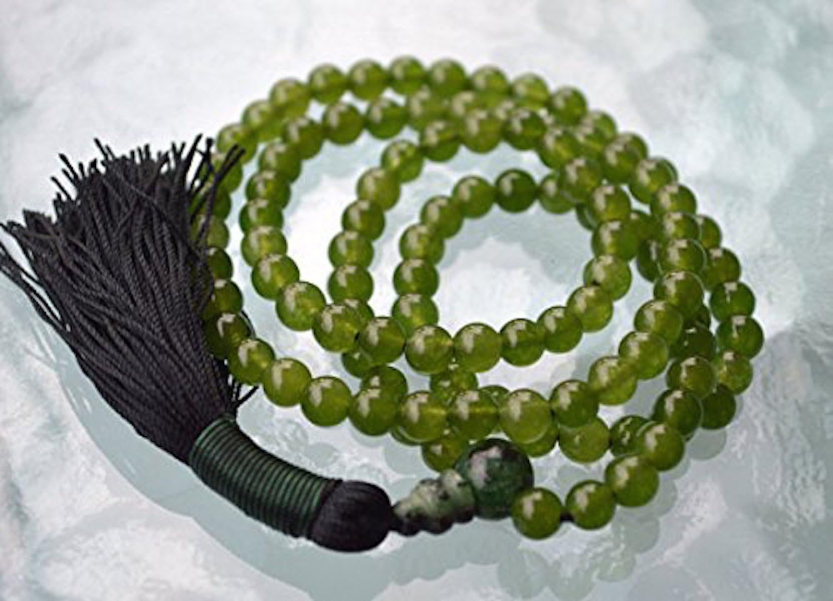 Olive green jade 6mm 108+1 prayer beads rosary jaap mala beads necklace - Energized buddhist rosary for nirvana chanting aum om awakening chakra-USA Seller