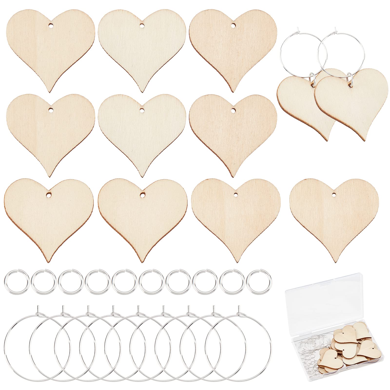 SUNNYCLUE 1 Box 20 Sets Wooden Wine Glass Charms Wood Heart Charms 20Pcs Wooden charms & 20Pcs Earring Hoops Wine Glass Identifiers for Drinks Wine Tasting Party Wedding Garthering Adult UK