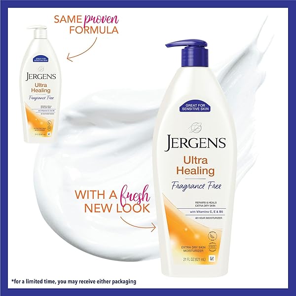 JERGENS ULTRA HEALING DRY SKIN LOTION, HAND AND BODY MOISTURIZER FOR QUICK ABSORPTION INTO EXTRA DRY SKIN WITH HYDRALUCENCE BLEND, VITAMINS C, E AND B5, WHITE, 21 OZ