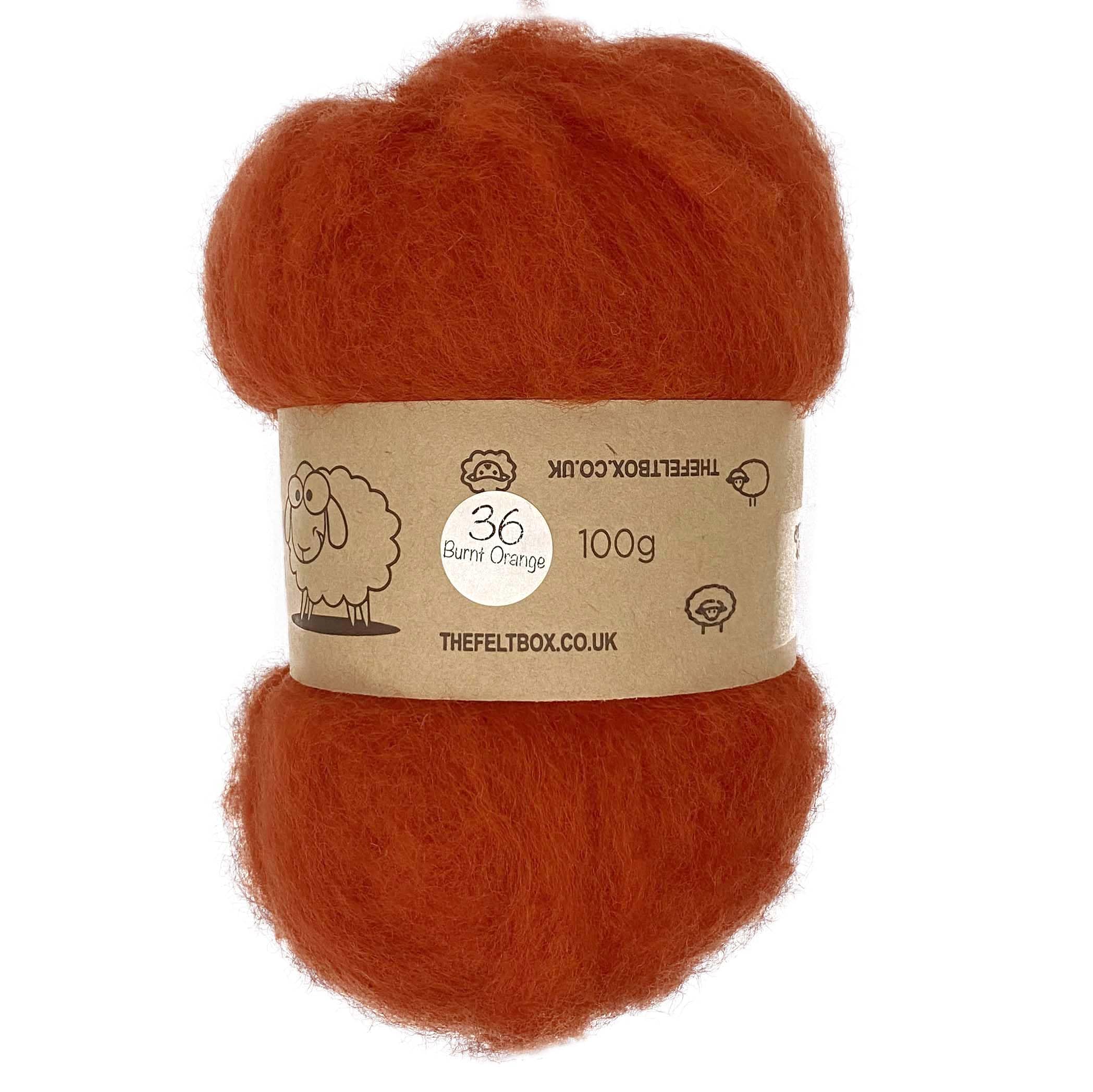 The Felt Box Needle Felting Wool Carded Batting : Short Coarser Mixed Together Fibres, Use as Core or Finish Wool 100 g | 3.5 oz- Burnt Orange #36