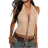 MakeMeChic Women's PU Leather Halter Crop Tops Open Back Lace Up Y2k Club Tank