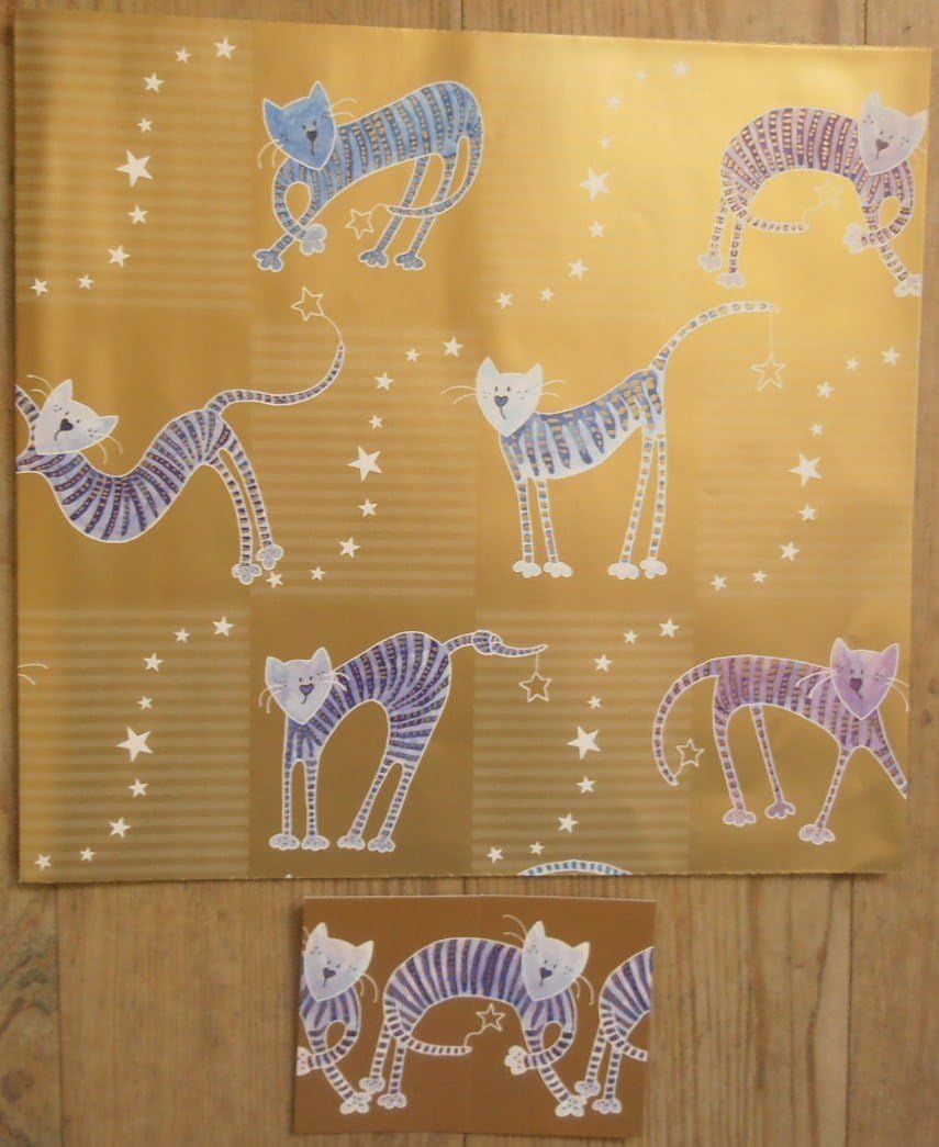 'Crazy Cats' Cartoon Blue & Purple Cat Christmas or Everyday glossy Gold gift wrap 6 sheets & tags