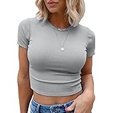 Allimy Womens Summer Short Sleeve Slim Fitted Tshirt Round Neck Ribbed Crop Tops