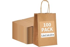 RACETOP 100 Pack 5.8x3.2x8.25 Inch Brown Kraft Paper Gift Bags with Handles - Bulk Small Plain Natural Bags for Birthday Party Favors, Grocery, Retail Shopping, Wedding, Craft, Goody, Takeouts, and Business