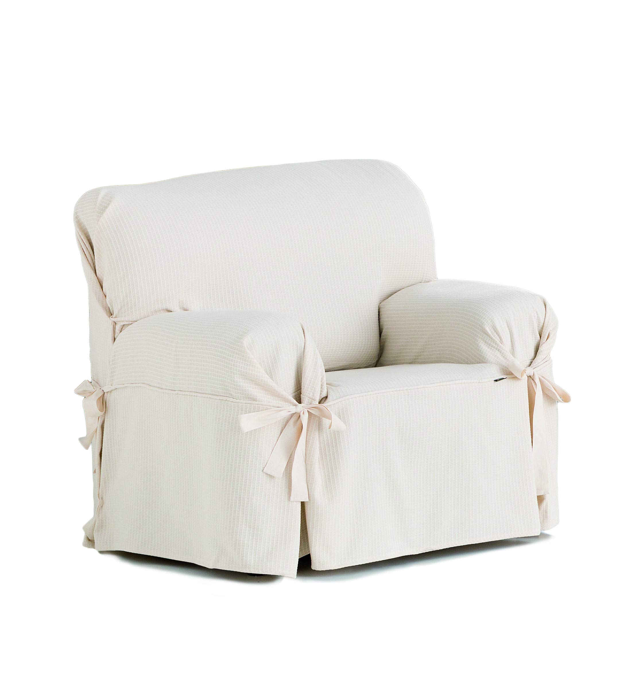 Eysa Bianca universal sofa cover with ribbons 1 seat color 01-ecru, Cotton, One Square