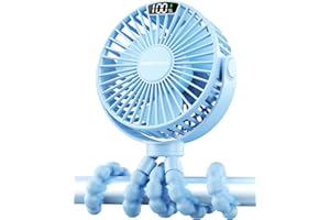 SWEETFULL Portable Stroller Fan, LED Display 4000mAh Battery Operated Mini Clip Fan, 4 Speed Rechargeable Small Personal Fan 
