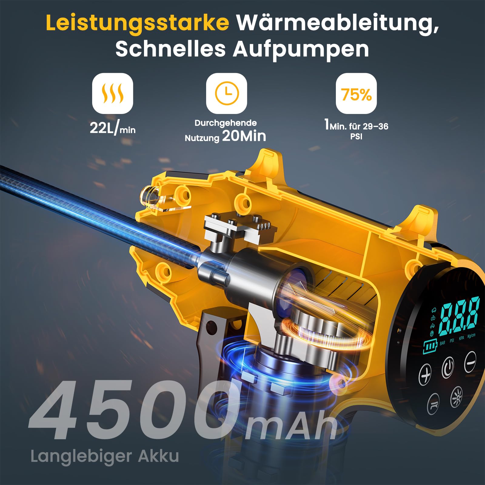 Ipflin Elektrische Auto Luftpumpe Akku Fahrradpumpe - Tragbare Luftpumpe Fahrrad 150PSI - 22L/min Akku Kompressor mit LED-Anzeige/Licht - 4 Voreingestellte Modi für Auto/Fahrrad/Motorrad/Ball 3
