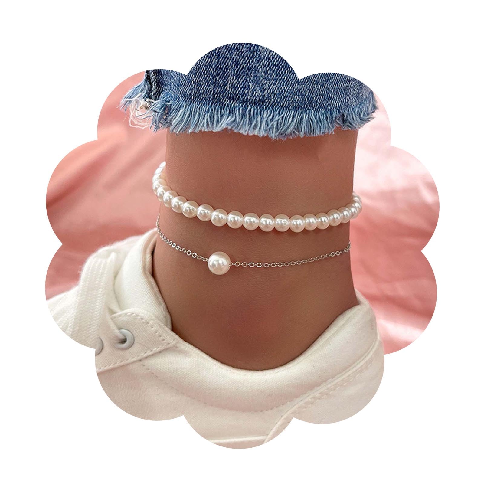 Yienate Silver Pearl Anklet Ankle Bracelet Pearl Pendant Beach Layered Anklet Fashion Adjustable Feet Chain Jewelry Gift for Women and Girls