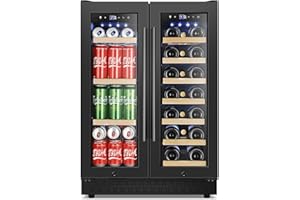 Tylza 24 Inch Wine and Beverage Refrigerator, Dual Zone Wine Beverage Cooler 24" with French Door, Under Counter Wine Beer Fridge Built-In or Freestanding, Holds 20 Bottles and 88 Cans, Black