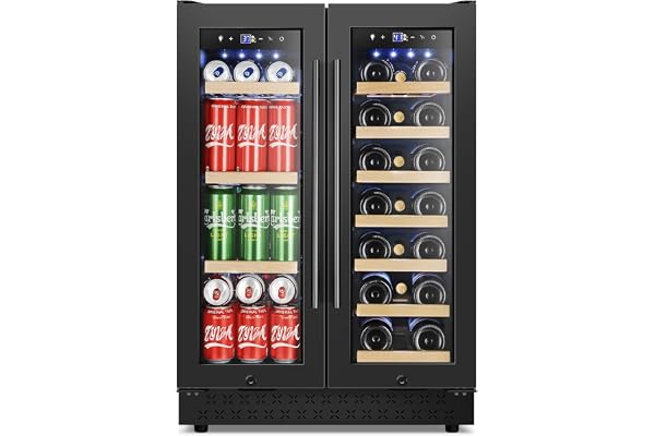 Tylza 24 Inch Wine and Beverage Refrigerator, Dual Zone Wine Beverage Cooler 24" with French Door, Under Counter Wine Beer Fridge Built-In or Freestanding, Holds 20 Bottles and 88 Cans, Black