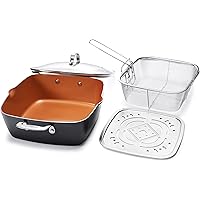 Gotham Steel - 6 Quart XL Nonstick Copper Deep Square All in One 6 Qt Casserole Chef’s Pan & Stock Pot- 4 Piece Set…