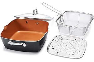 GOTHAM STEEL - 6 Quart XL Nonstick Copper Deep Square All in One 6 Qt Casserole Chef’s Pan & Stock Pot- 4 Piece Set, Includes Frying Basket and Steamer Tray, Dishwasher Safe,Brown