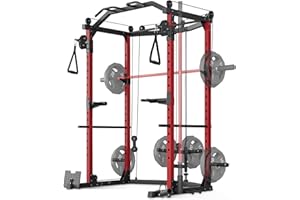 Multi-Functional Power Cage for Home Gym, with Pulley Cable System, Carbon Steel Squat Rack with LAT Pulldown & Attachments, 