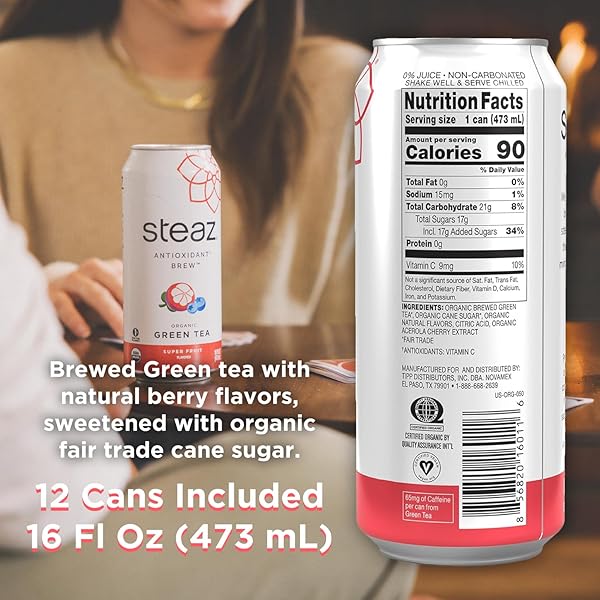STEAZ – ORGANIC GREEN TEA – SUPERFRUIT (12 PACK) – ANTIOXIDANT BREW – 65MG NATURAL CAFFEINE, 90 CALORIES, VITAMIN C – CANE SUGAR SWEETENED ICED TEA – VEGAN, FAIR TRADE – 12 CANS, 16 FL OZ (473ML)