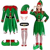AOLIUP Christmas Elf Costume Women: 6 Pcs Adult Elf Dress Santa Helper Costume Xmas Cosplay Outfit