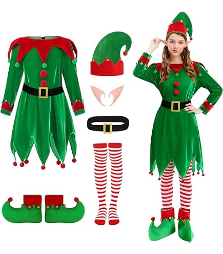 Disfraz De Elfo De Navidad Para Niña | Vestido Verde Y Rojo Con Cinturón, Gorro Y Medias | Traje Infantil Clásico