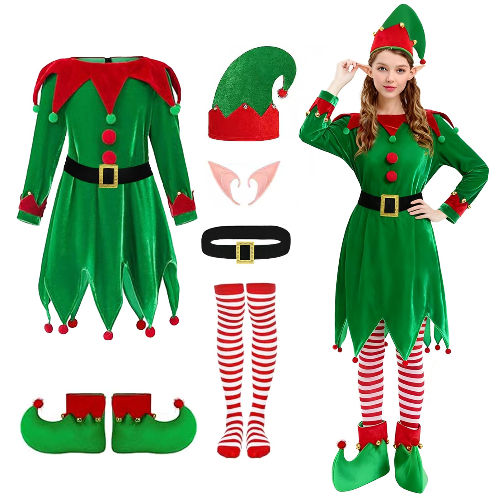 Photo 1 of AOLIUP Christmas Elf Costume Women: 6 Pcs Adult Elf Dress Santa Helper Costume Xmas Cosplay Outfit (XX-Large)