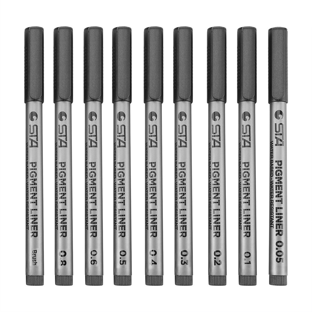 Fdit STA 9pcs Tip Sizes Water Based Pen Set, Black Ink, Drawing Paint Design Signature Sketch, Clear Lines, 0.05mm-0.8mm Soft Brush Tip, for Painting Writing