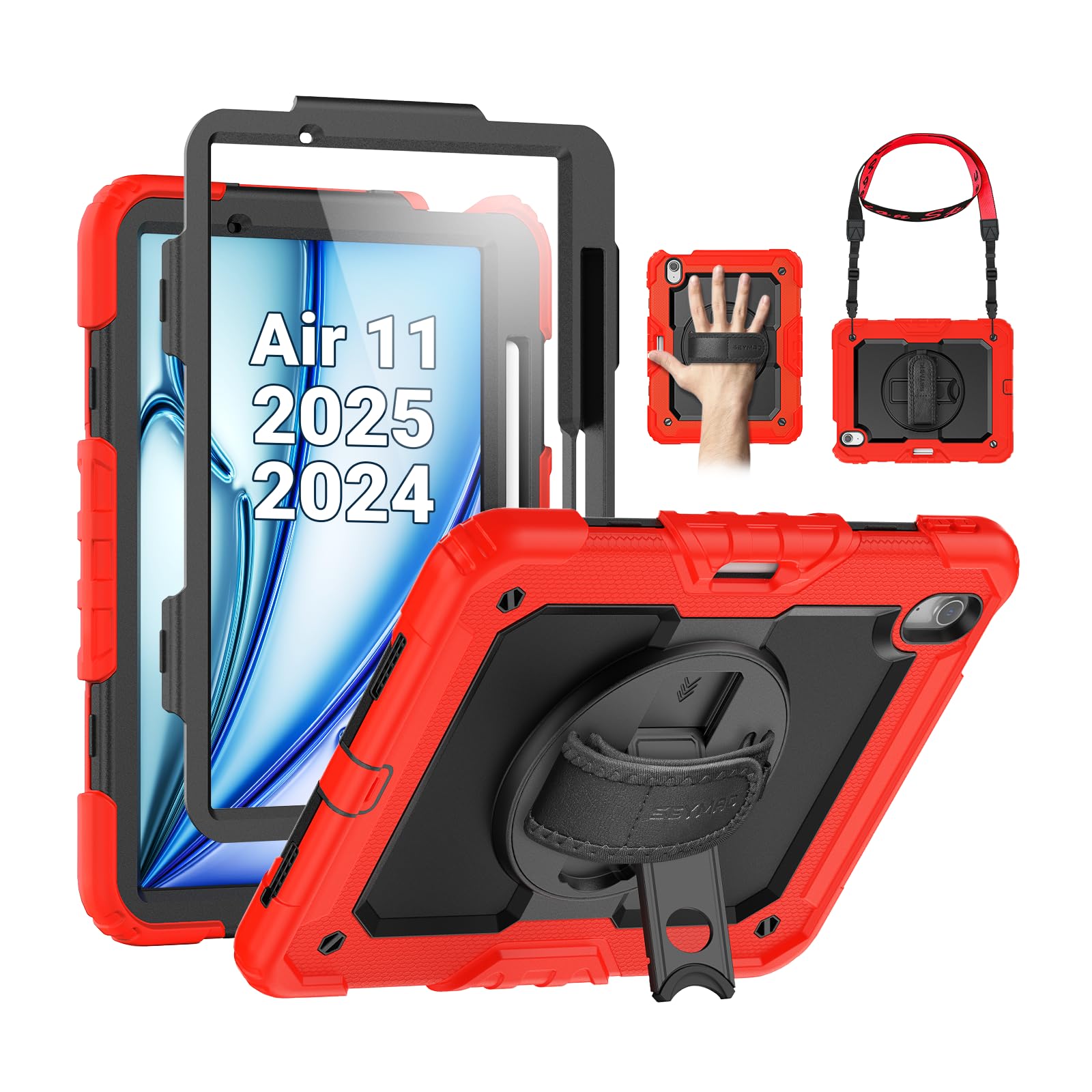 Photo 1 of SEYMAC Case for iPad Air 11 Inch M3 2025/M2 2024 (Air 7th/6th Generation), Heavy Duty Shockproof Protective Case with Screen Protector, Rotating Stand and Hand/Shoulder Strap, Red