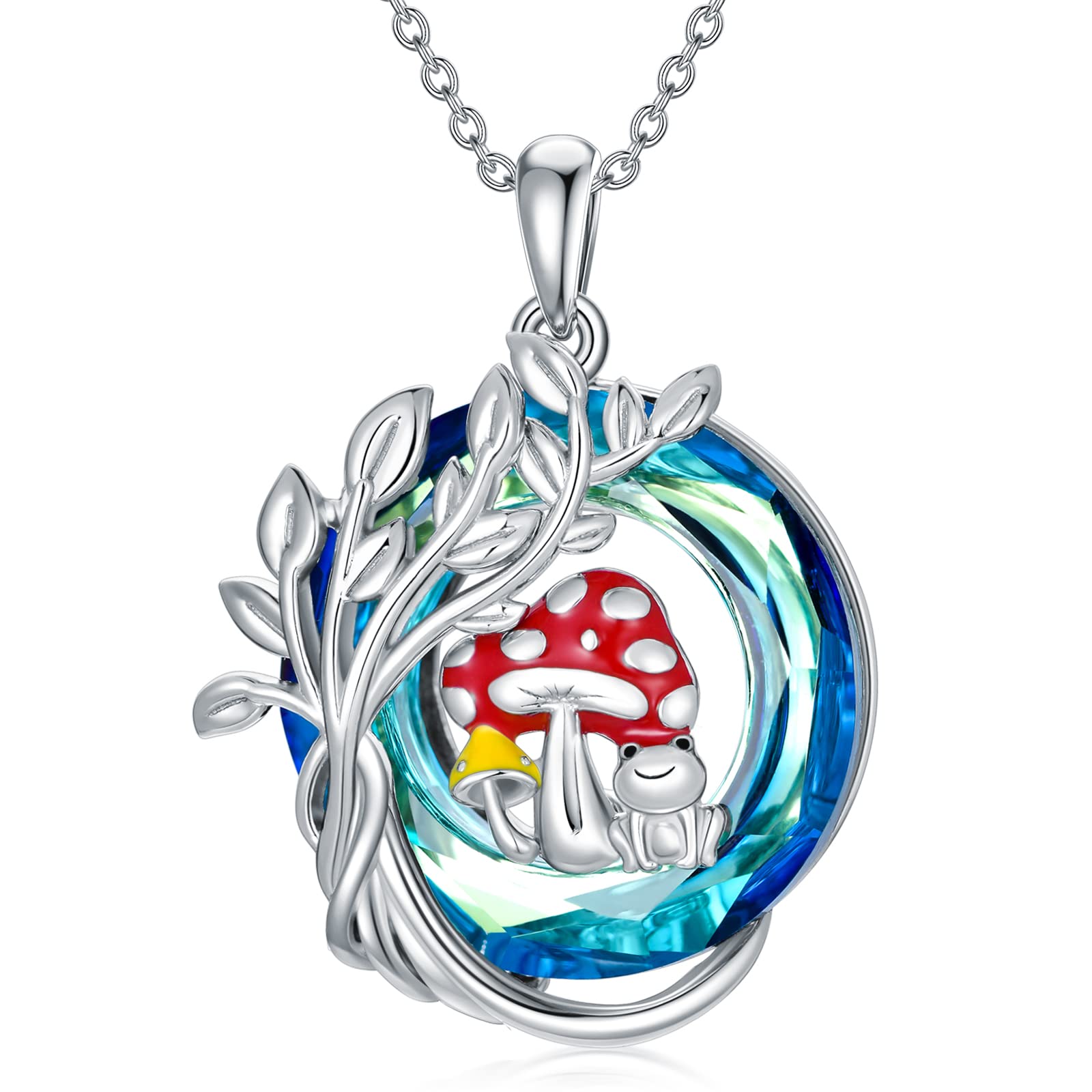 VONALA Mushroom Necklace Tree of Life Frog Crystal Pendant Necklaces 925 Sterling Silver Jewellery Gifts for Women Girls