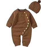 Kutterild Newborn Baby Boy Girl Footie Romper Waffle Knit Side Button Jumpsuit Infant Sweater Coverall with Hat