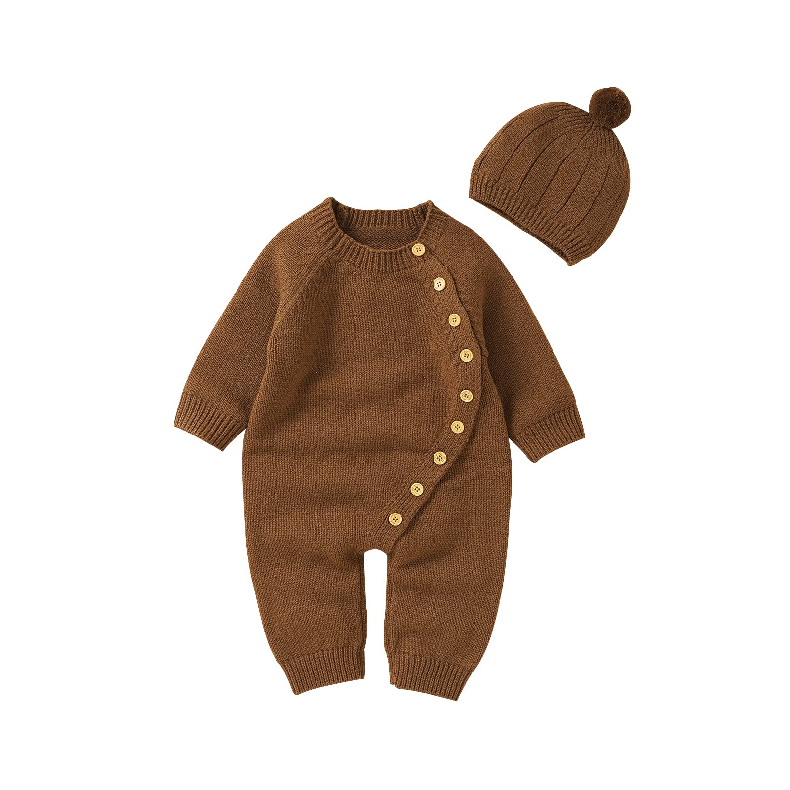 Photo 1 of Geogenry Newborn Baby Girls Boys Sweater Jumpsuit Winter Knit Romper Clothes Button Solid Bodysuit Jumpsuit Hat 2pcs Outfit (Brown, 0-3 Months)