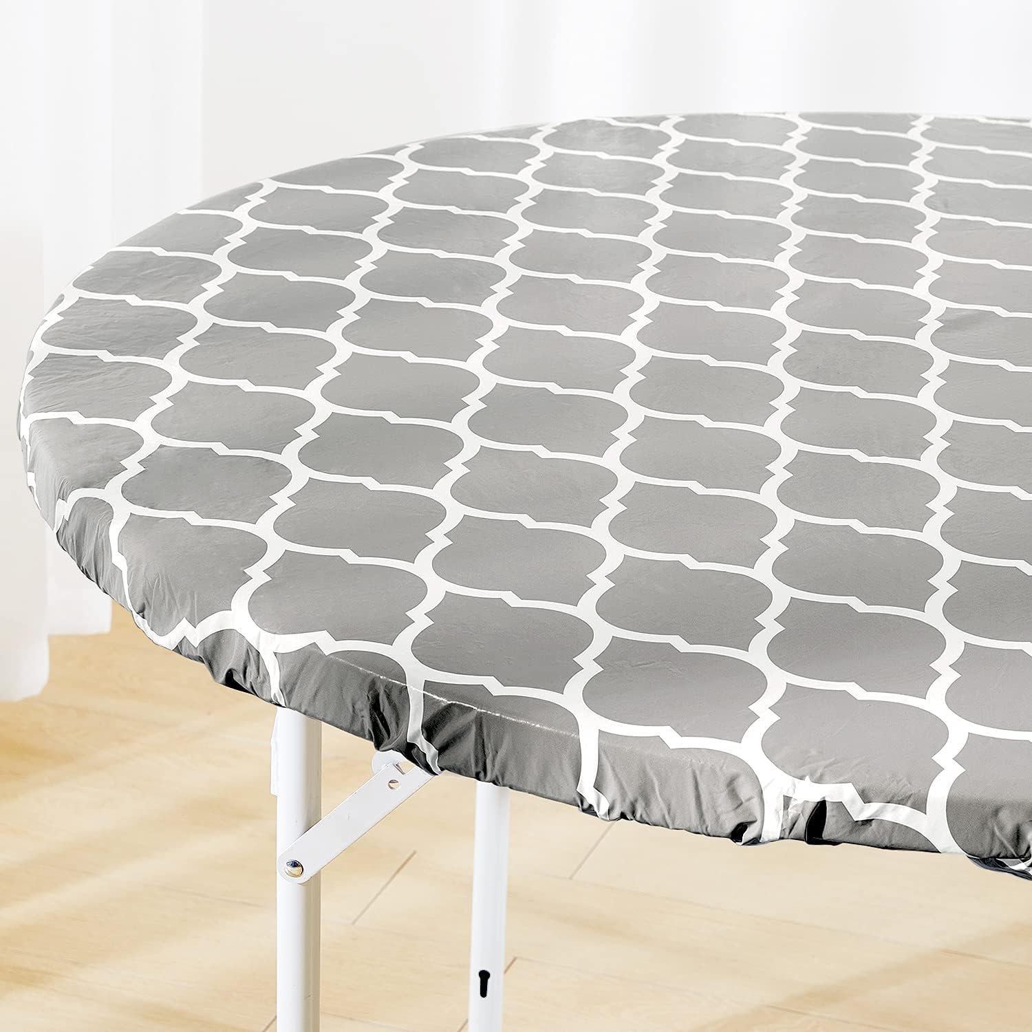 Heavy Duty Vinyl Round Fitted Tablecloth, Gray Moroccan Design, Spillproof Waterproof Elastic Table Cover with Flannel Backed Lining, Fits 45" to 56" Round Table, for Indoor/Outdoor Use : Garden & Outdoor