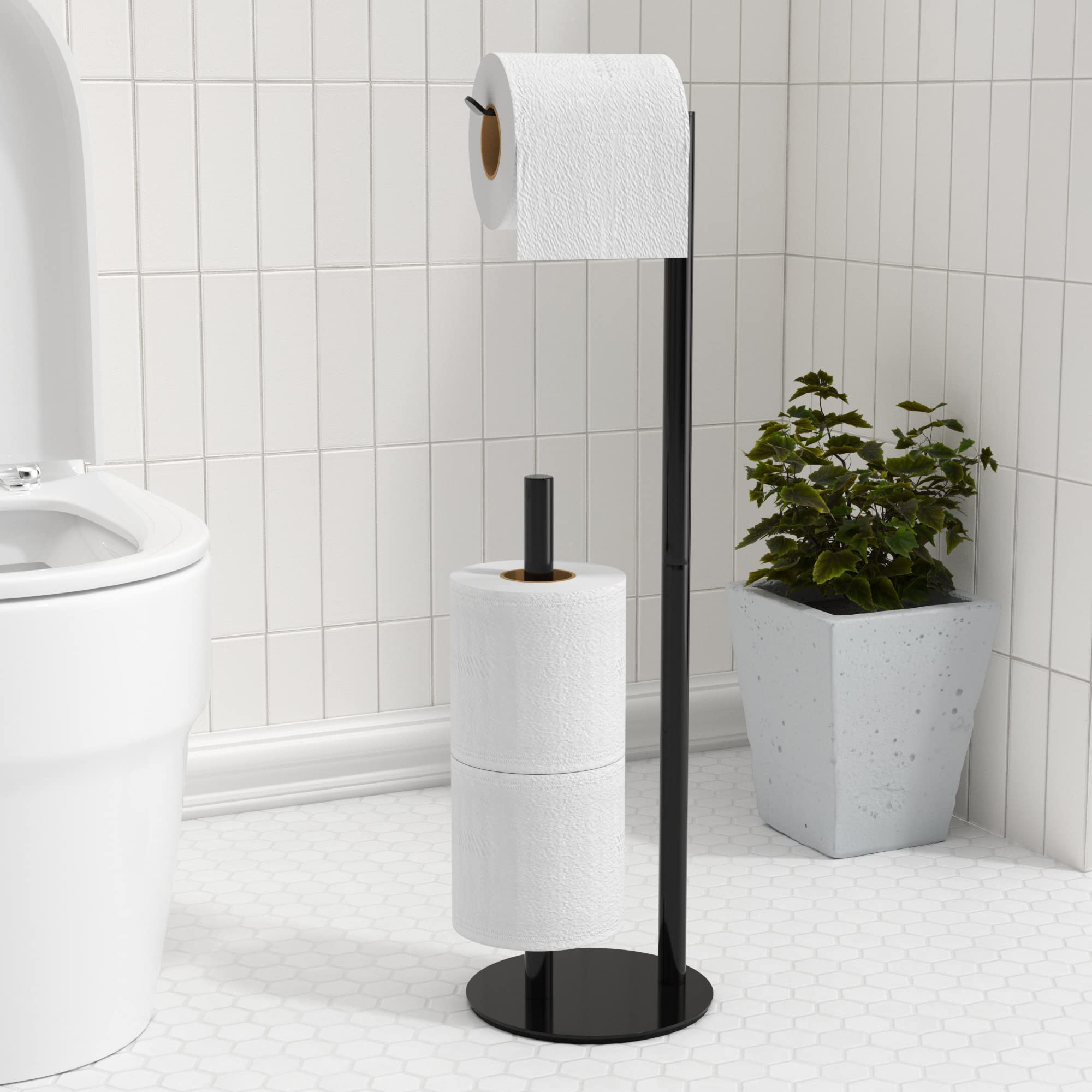 Black Toilet Paper Holder Stand,Free-Standing Toilet Paper Storage,Stainless Steel Toilet Tissue Paper Roll Storage Shelf and Dispenser Holds 3 Paper Rolls,Bathroom Accessories — image 1