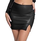 EG CHRIS G Women's Black Leather Skirts High Waisted High Side Slit Bodycon Mini Skirts