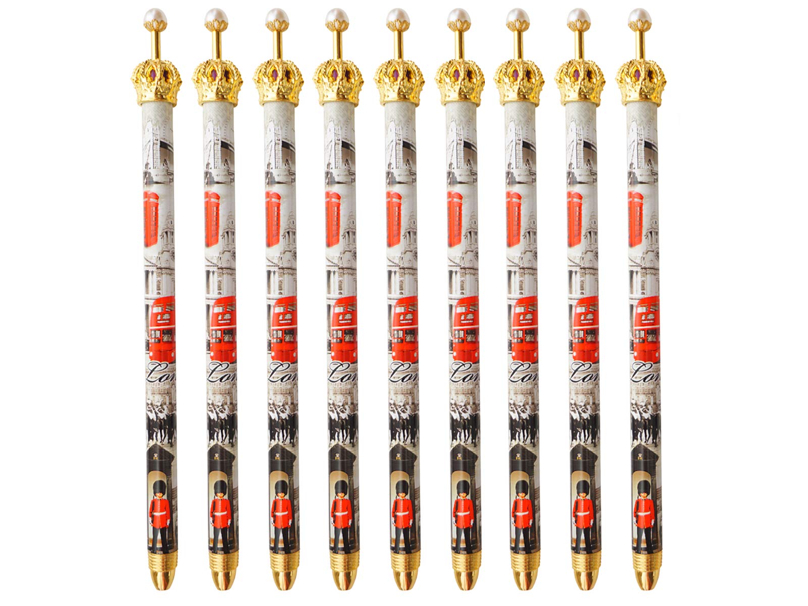 Set of 9 Famous London Landmarks Design Ballpoint Pens with Crown Topper – UK London Souvenir Gift Pen – British Travel Keepsake for Tourists, Students & Collectors