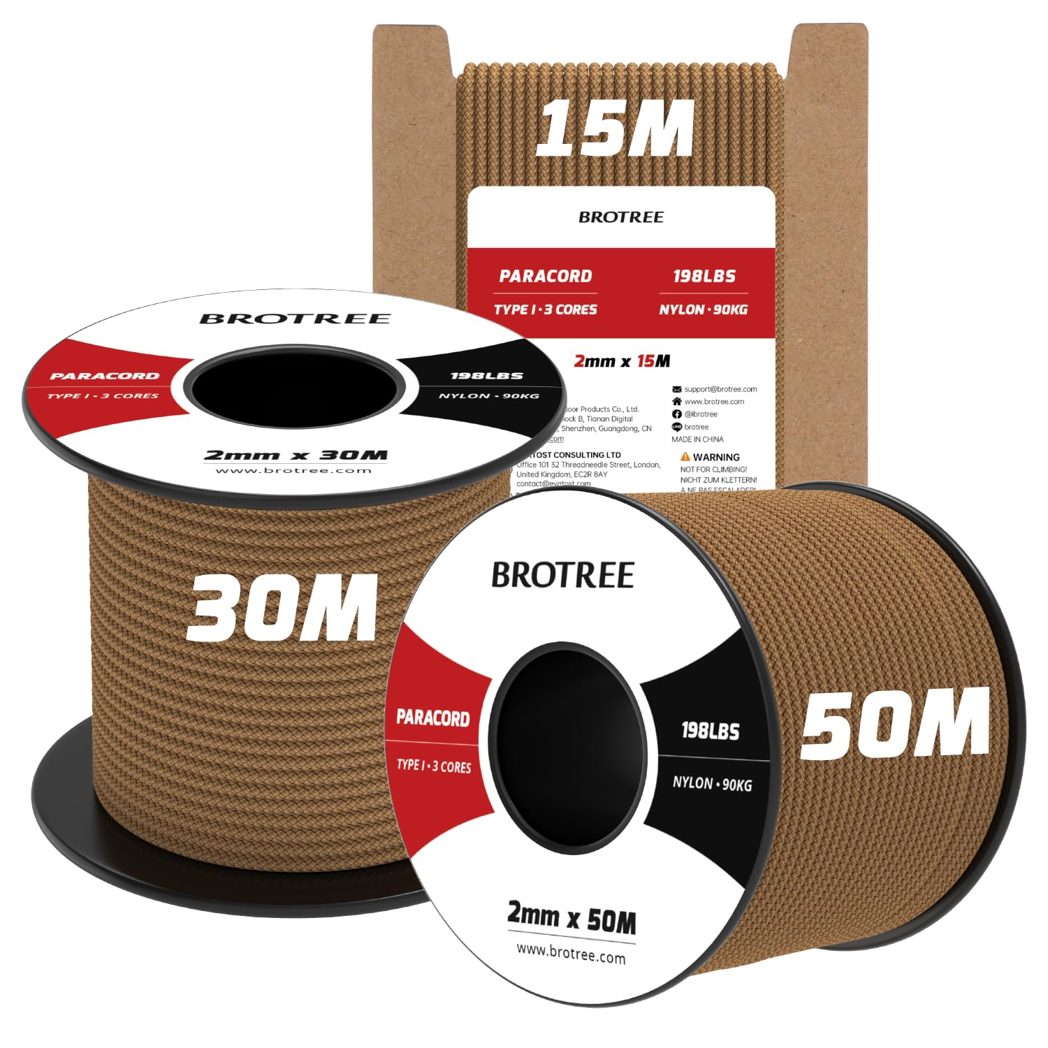 Brotree 2mm Paracord 3 Strands 50M 100% Nylon Rope Parachute Cord for Outdoor, Craft, DIY - 90kg Breaking Load (Coyote Brown) — image 1