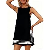 Freyhem Womens Summer Boho A-Line Mini Dress Sleeveless Sundress Color Block Beach Coverups