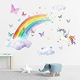 Mfault Watercolor Rainbow Unicorn Wall Decals Stickers, Clouds Butterfly Nursery Decorations Baby Bedroom Art, Stars Toddlers Kids Girls Boys Room Playroom Decor