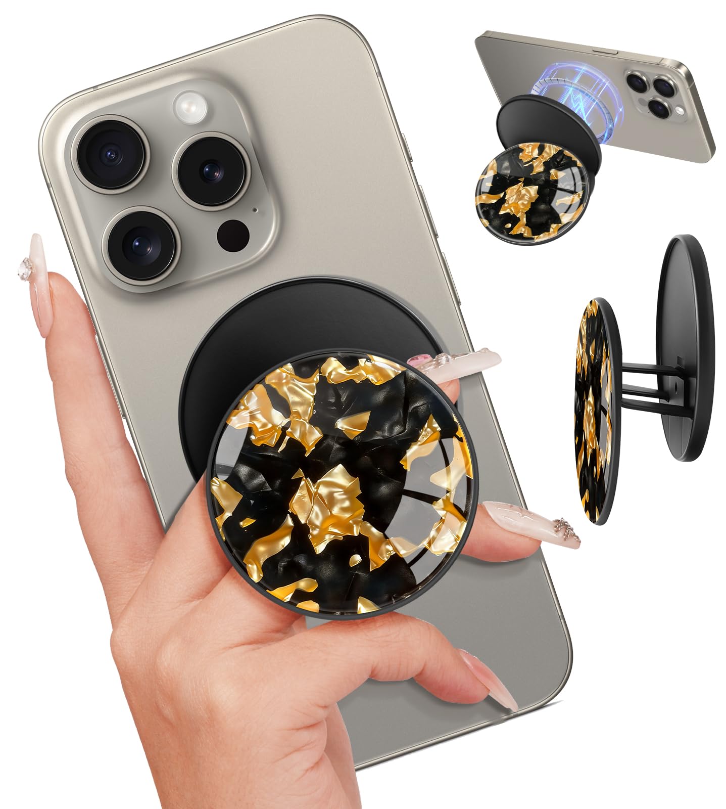 Photo 1 of LISEVO Magnet Phone Grip Compatible with MagSafe - Magnetic Cell Phone Grip Stand Magnet Removable Kickstand Finger Ring Holder Magnetic Accessories for iPhone 17/16/15/14/13/12 Series Cute Gold Black