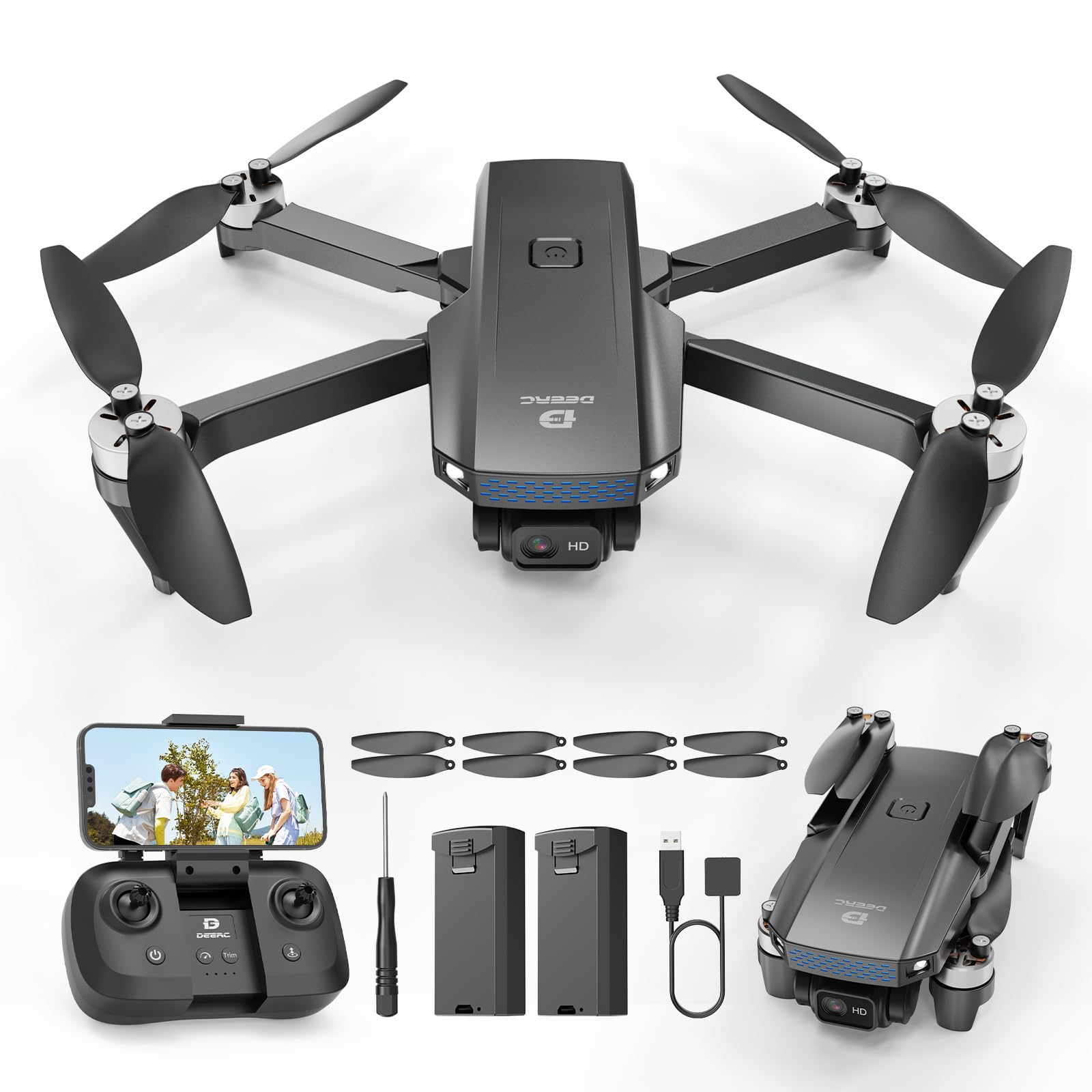 DEERC Drone with Camera 1080P, D20S Mini Drones for Kids Adults Beginner; Foldable RC Quadcopter with Brushless Motor, 2 Batteries, Altitude Hold, Optical Flow, 3D Flips, Toy Gifts for Boys Girls