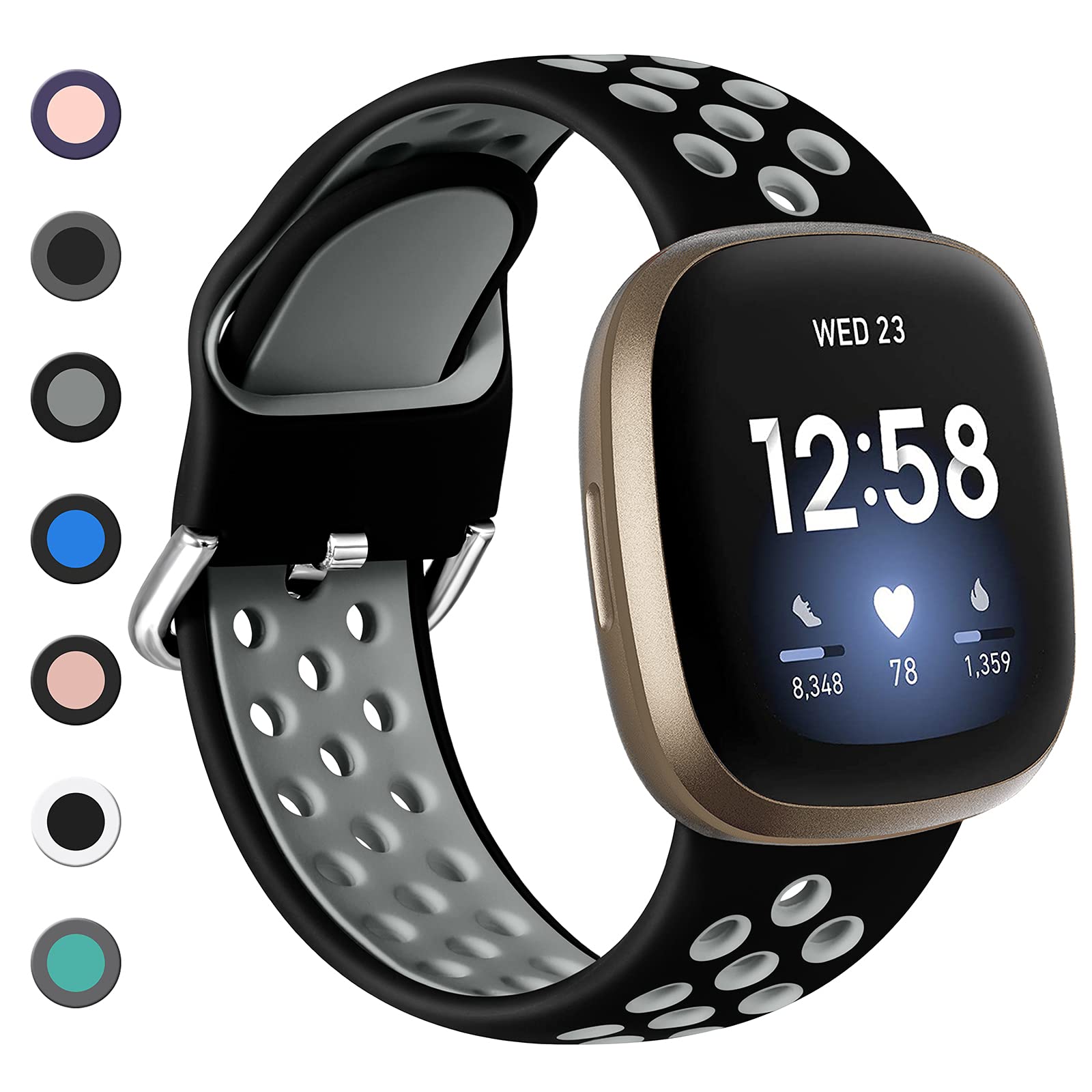 Dirrelo Strap Compatible with Fitbit Versa 3/4 & Sense/Sense 2, Soft Silicone Sport Breathable Replacement, S Black/Gray